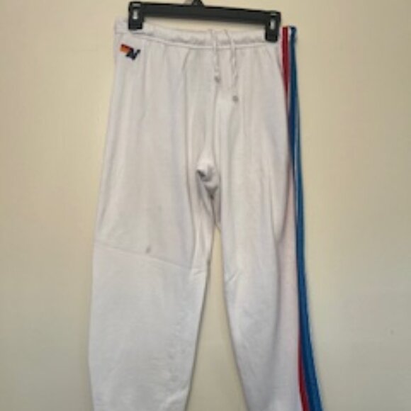 Aviator Nation White Sweatpants Rainbow Logo Stripe Detail Joggers Womens Size L - Picture 2 of 9